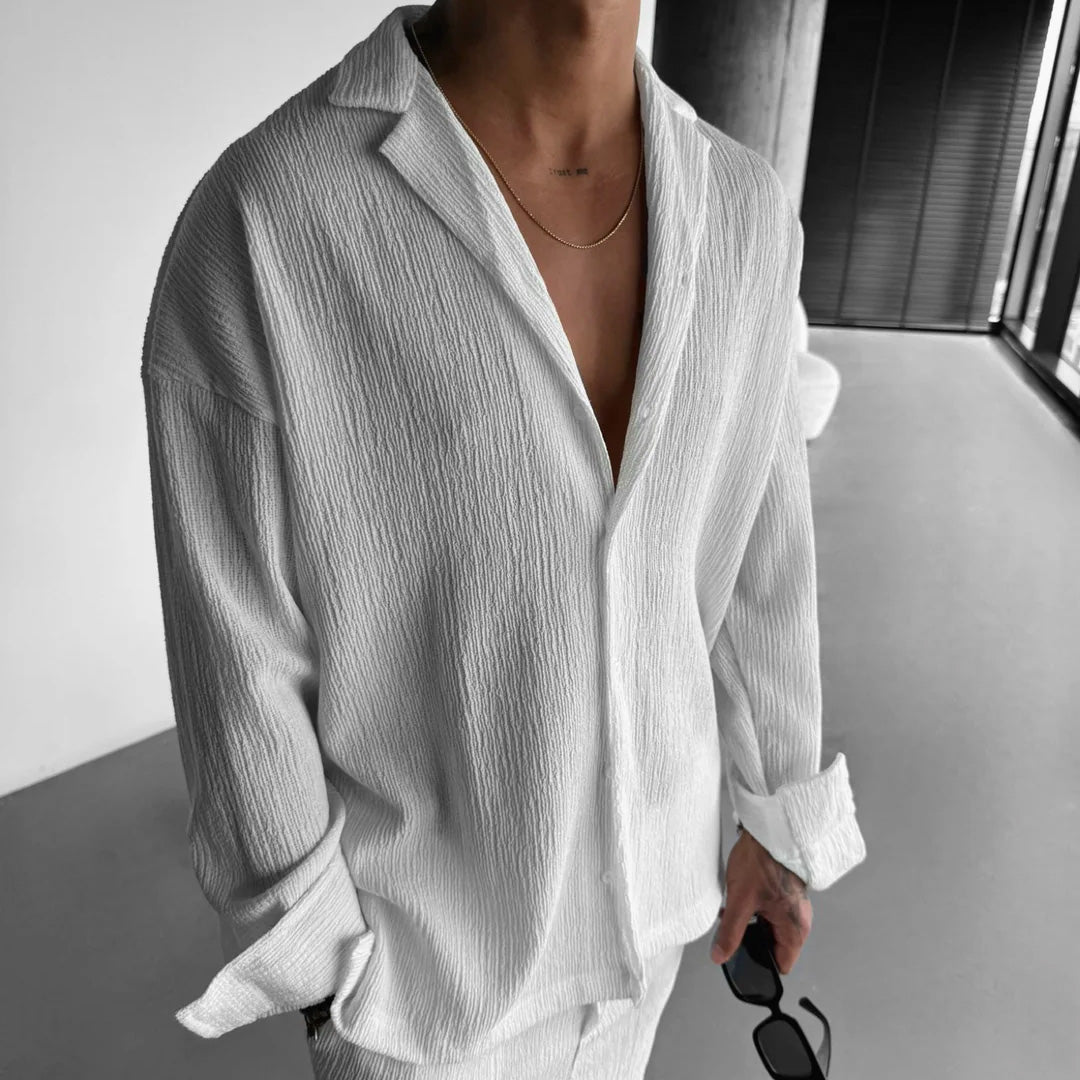 WHITE COTTON CRUSH RELAXED FIT TEXTURED SHIRT