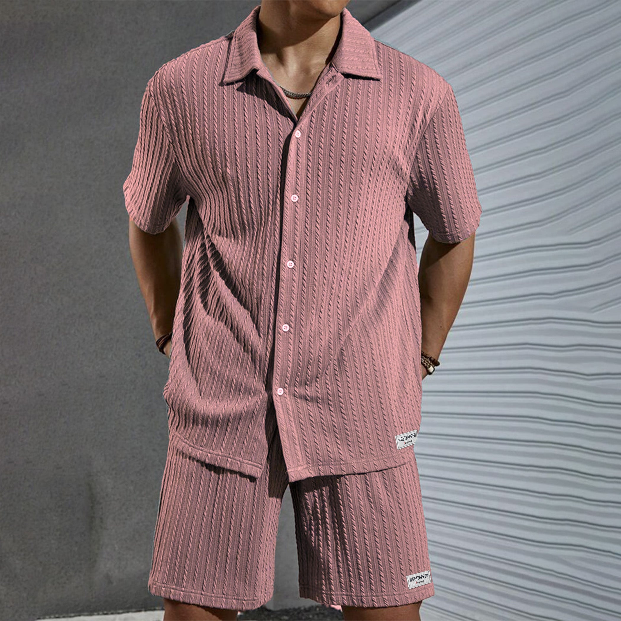 Zapped Oversize Pleated Open Collar Shirt & Short Set - Pink