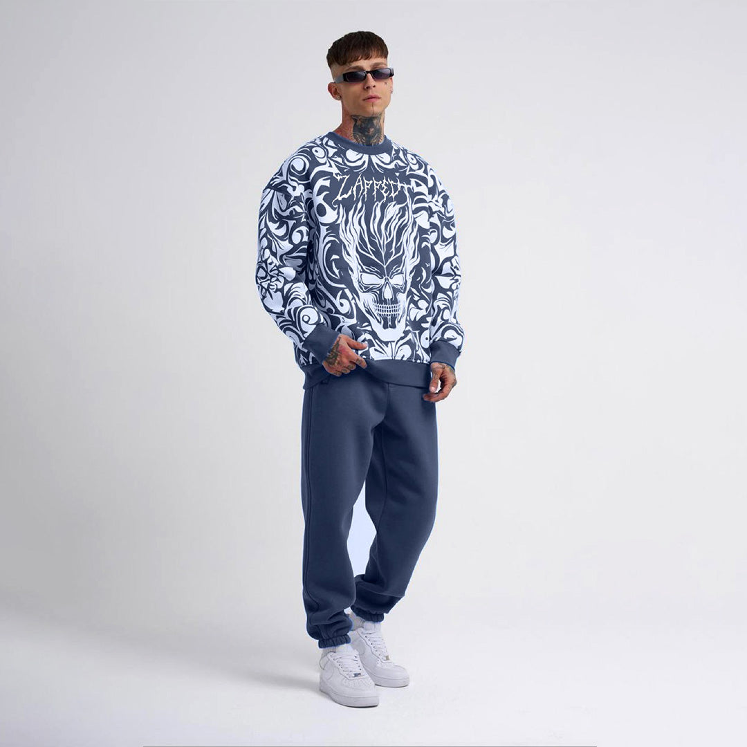 Oversize Ethnical Skull Sweatshirt Cord Set - Navy Blue