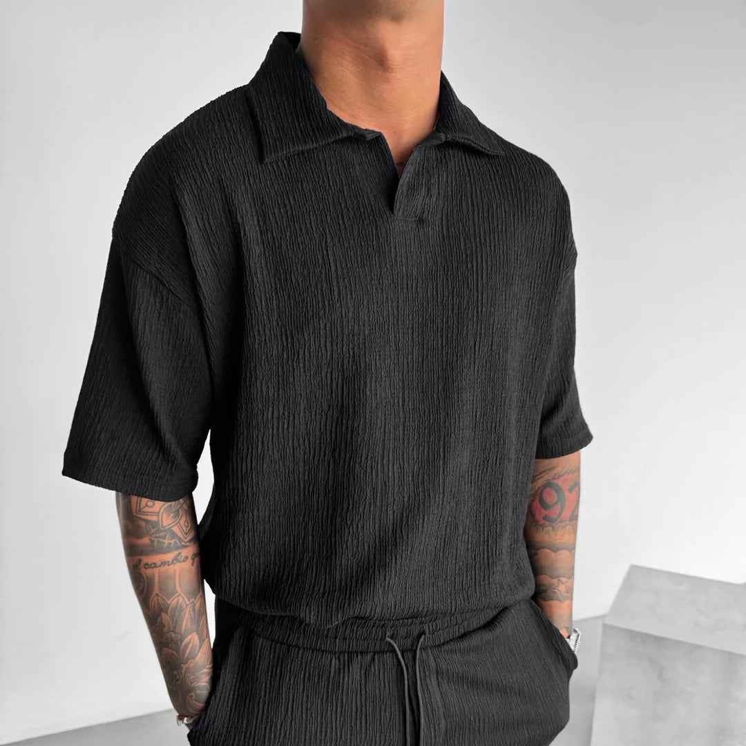 BLACK COTTON CRUSH RELAXED FIT POLO T-SHIRT