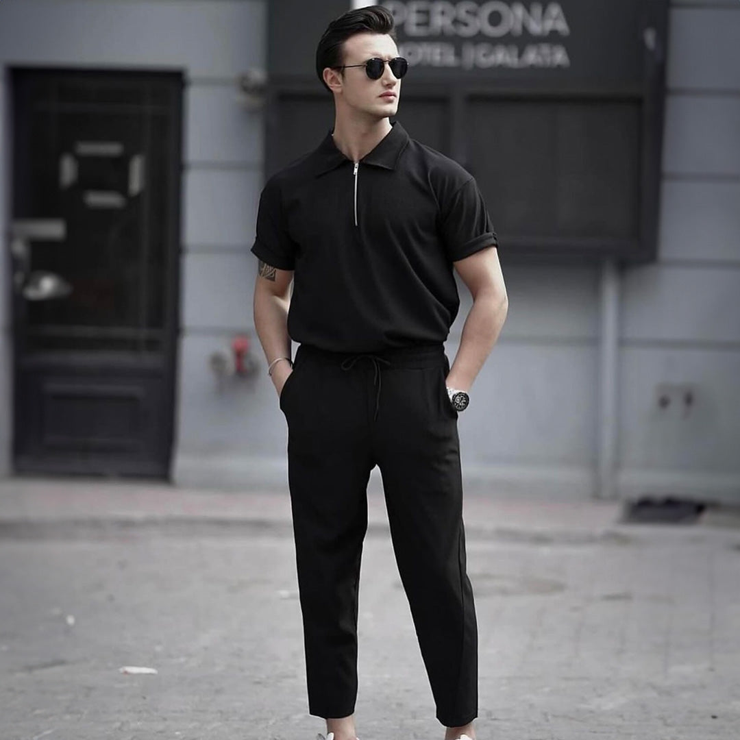 Men's Loose Fit Zipper Shirt & Trouser Set - Black