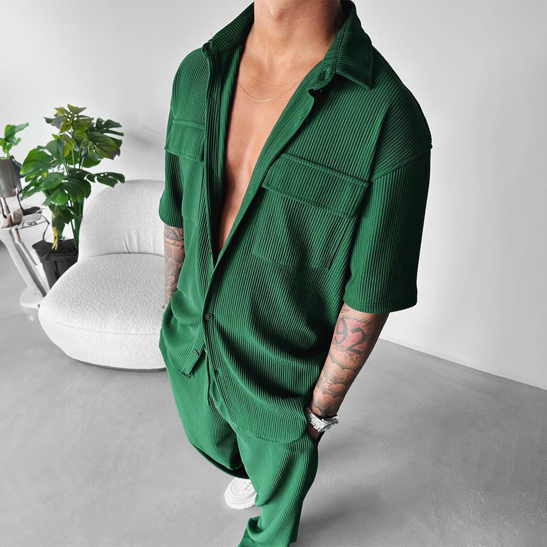 Double Pocket Half Sleeves Shirt & Trouser Set - Green