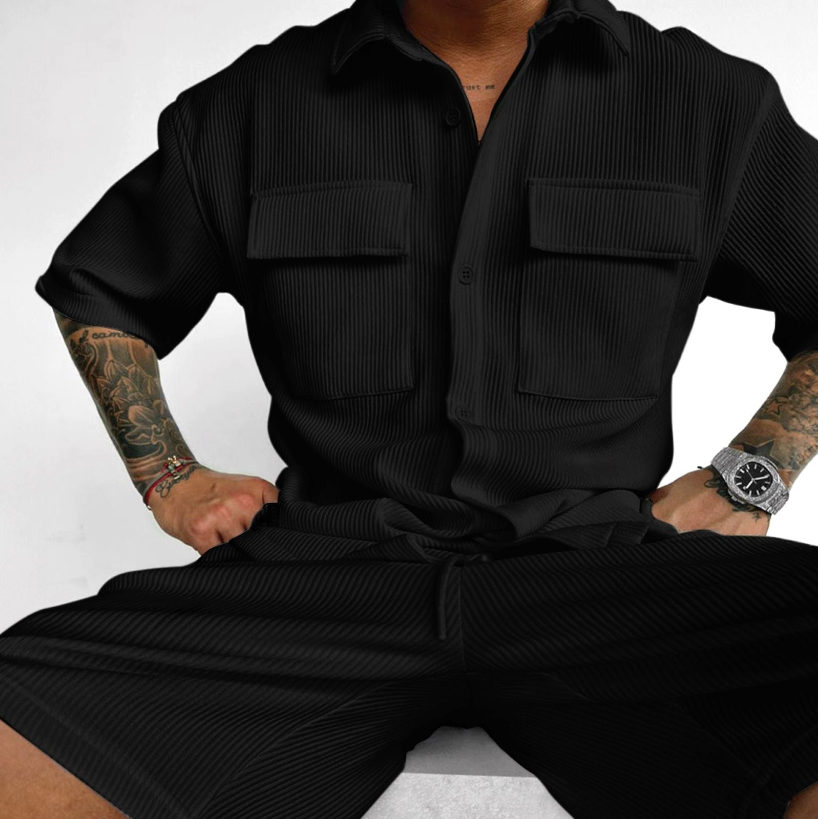 Double Pocket Shirt & Short Set - Black