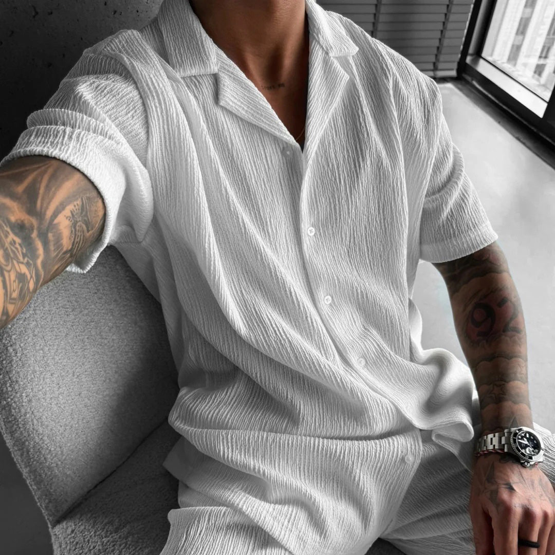 WHITE COTTON CRUSH RELAXED FIT SHORT SLEEVE SHIRT