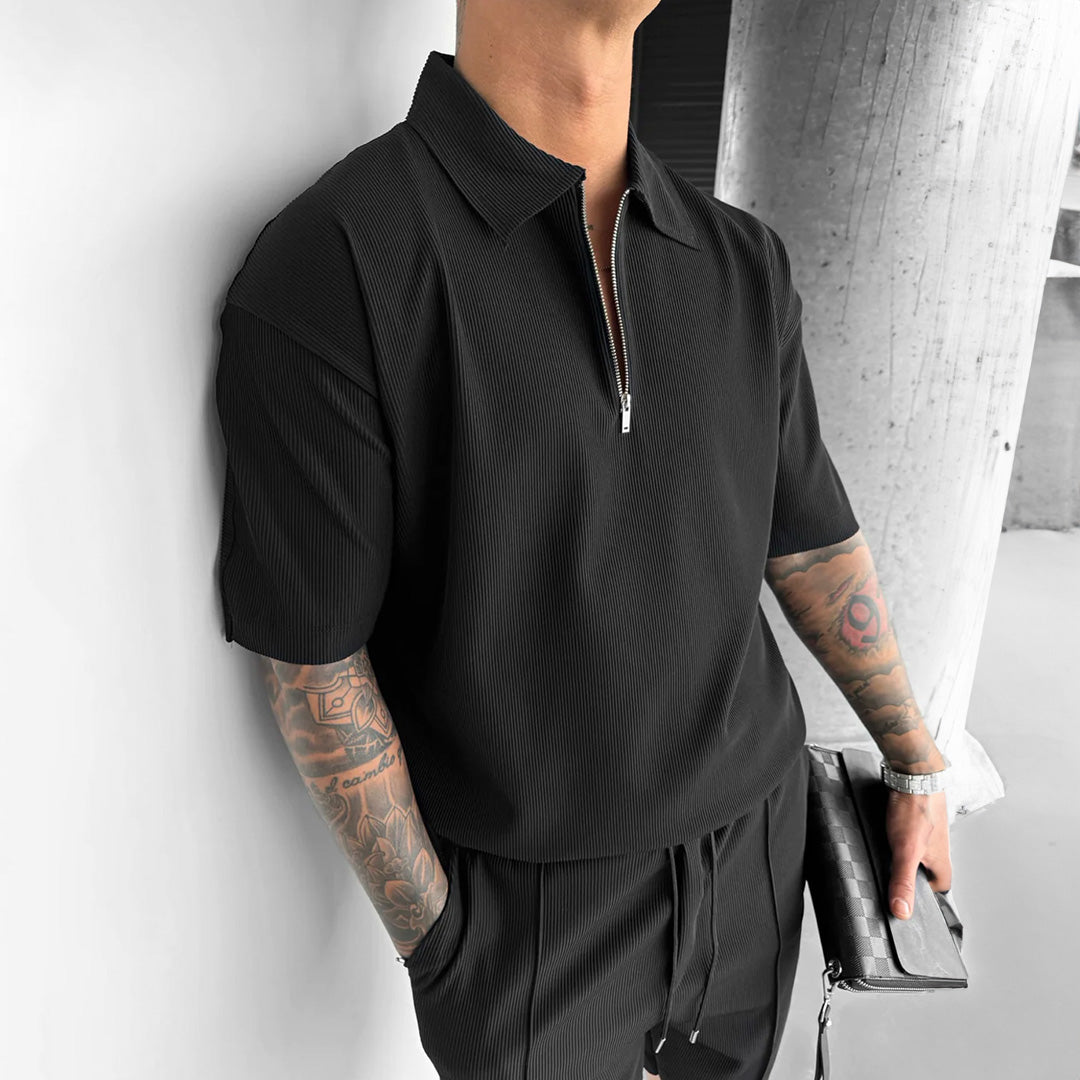 Men's Loose Fit Zipper Shirt & Short Set - Black