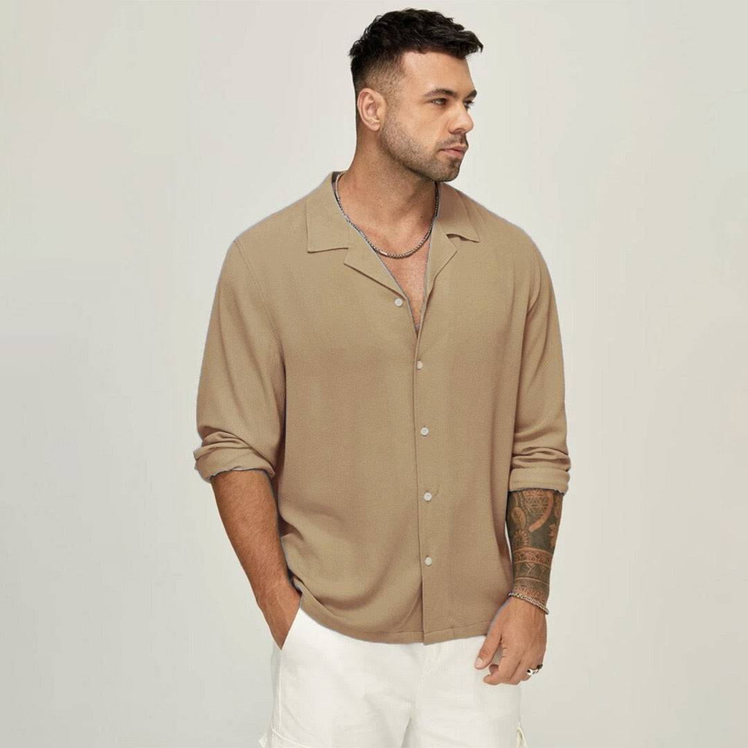 Camel Full sleeves oversize shirt cotton linen