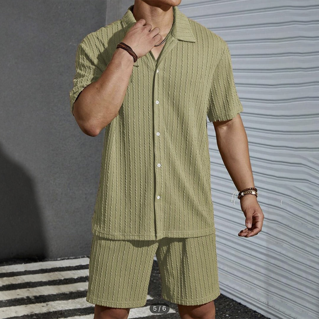 Oversize Pleated Open Collar Shirt & Short Set - Pistachio