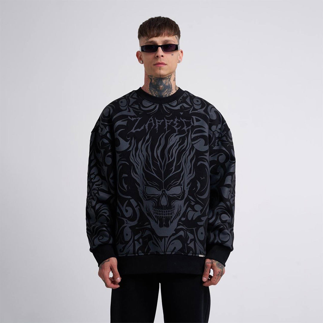 Oversize Ethnical Skull Sweatshirt Cord Set - Black