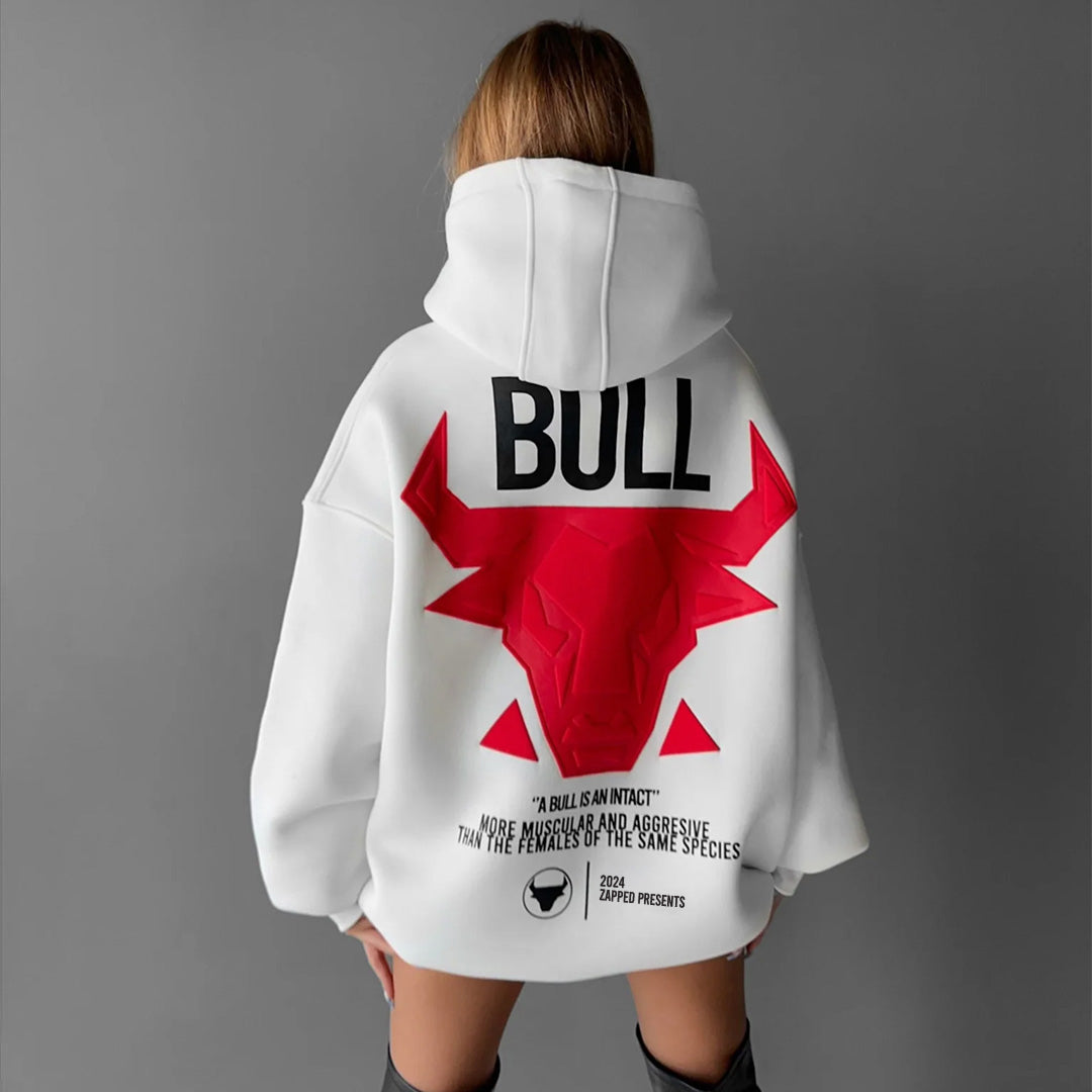 DROP SHOULDER PUFF PRINT BULL HOODIE - WHITE RED