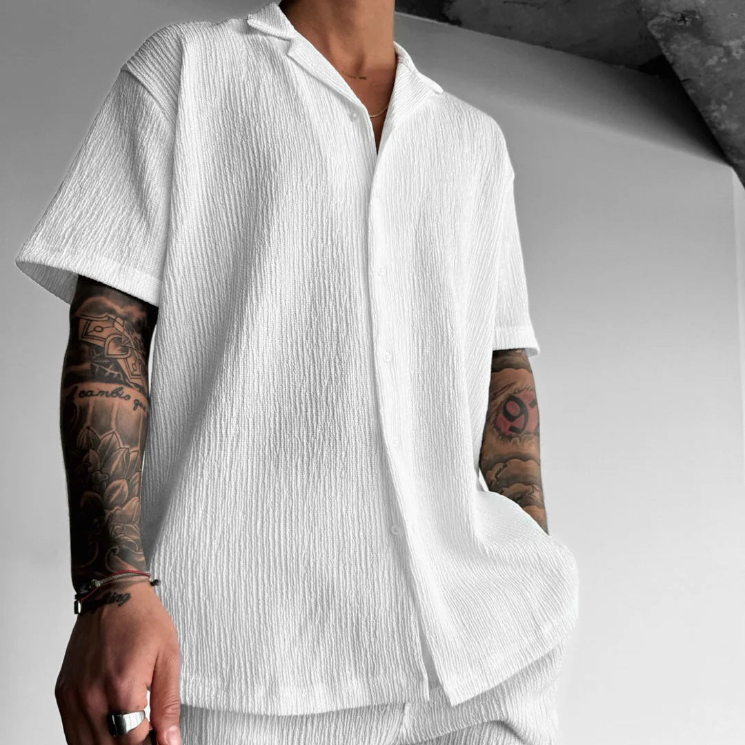 WHITE COTTON CRUSH RELAXED FIT SHORT SLEEVE SHIRT