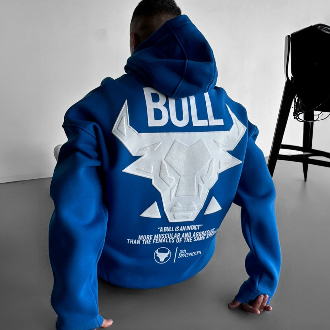 DROP SHOULDER PUFF PRINT BULL HOODIE - ROYAL BLUE