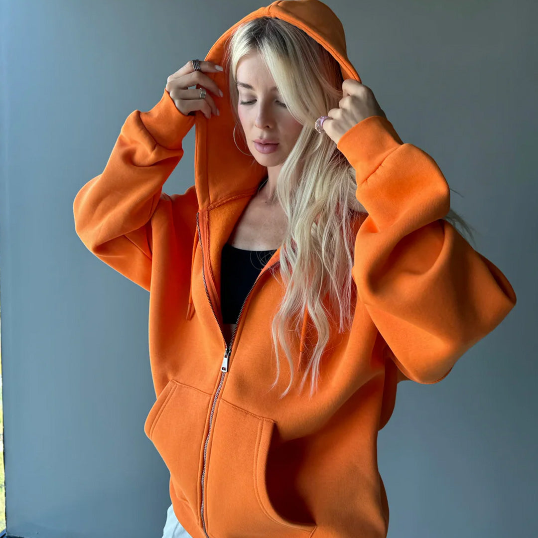 BASIC PLAIN ZIPPER HOODIE UNISEX - ORANGE