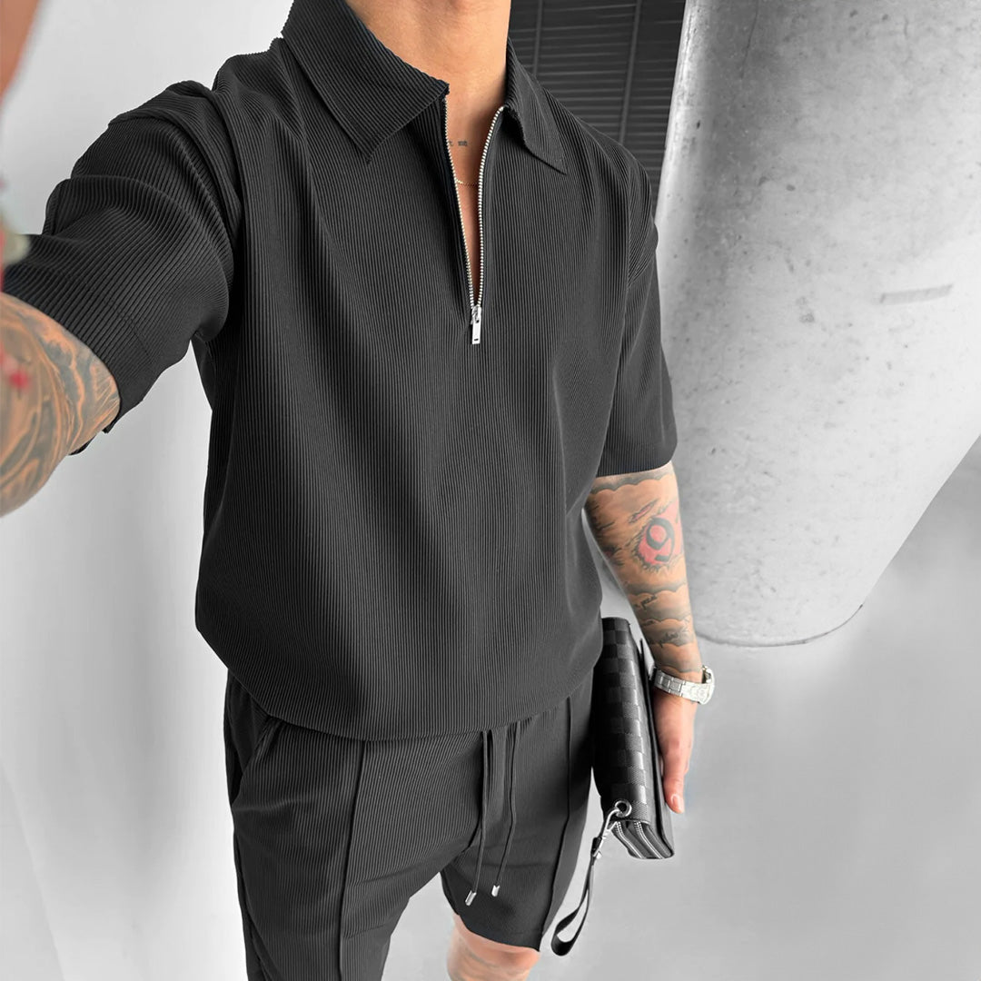 Men's Loose Fit Zipper Shirt & Short Set - Black