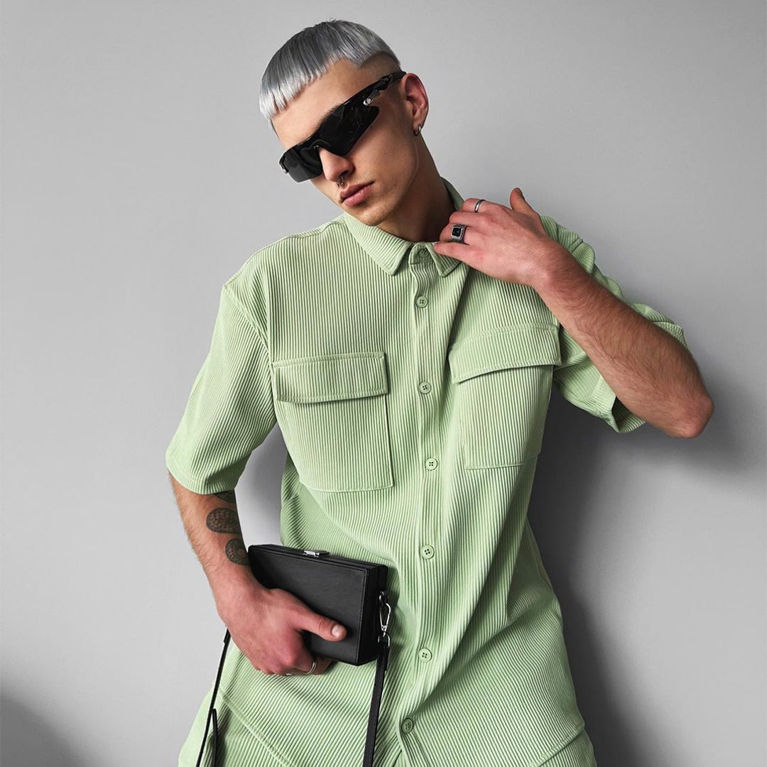 Double Pocket Half Sleeves Shirt & Trouser Set - Tea Green