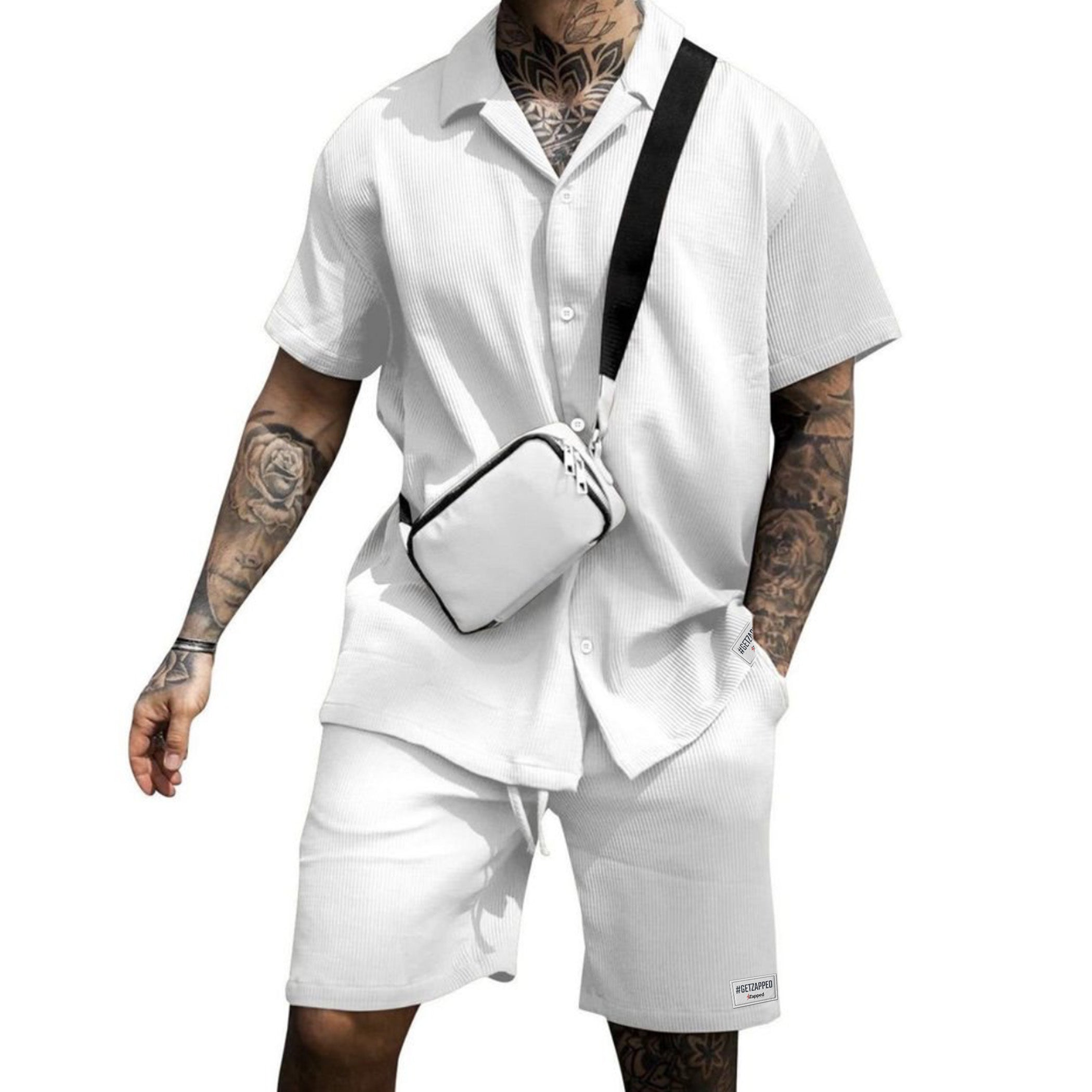 Zapped Oversize Pleated Open Collar Shirt & Short Set - White