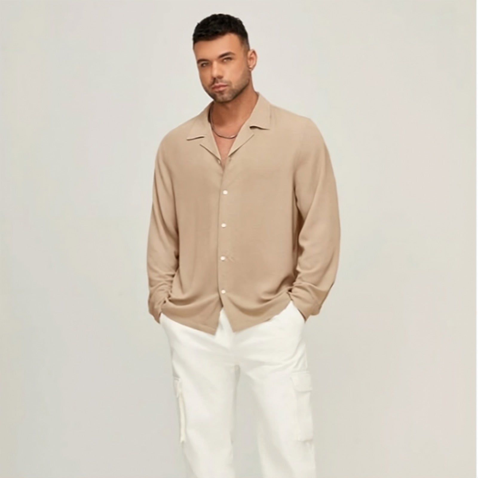 Beige Full sleeves oversize shirt cotton linen