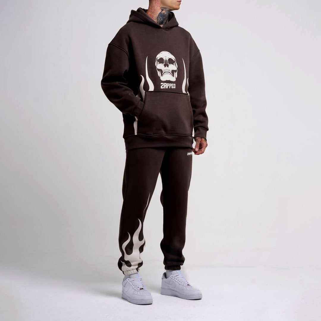 Zapped Oversize Skull Hoodie Cord Set - Brown.