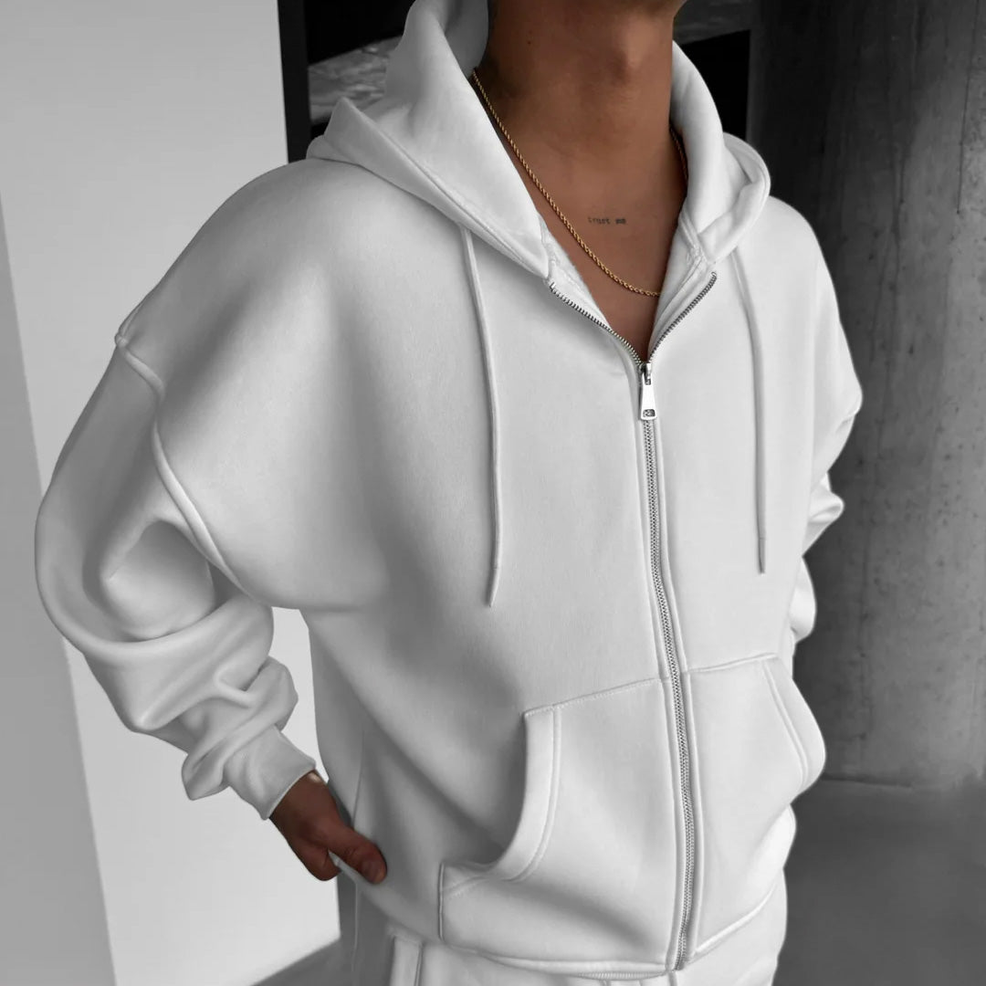 BASIC PLAIN ZIPPER HOODIE UNISEX - WHITE