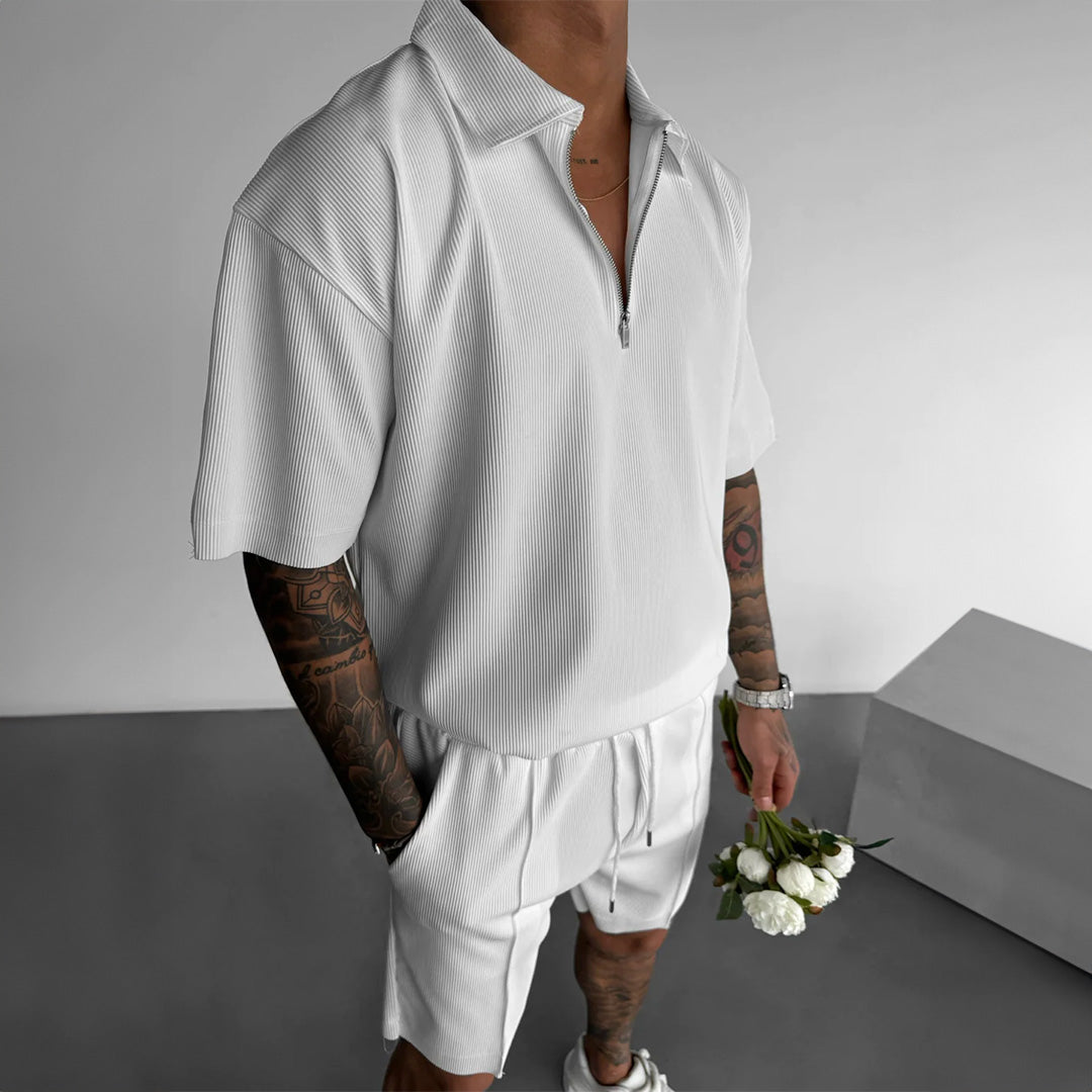 Men's Loose Fit Zipper Shirt & Short Set - White