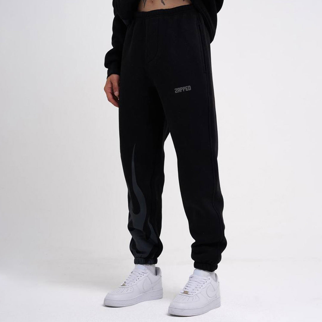 Relaxed Flame Printed Joggers - Black