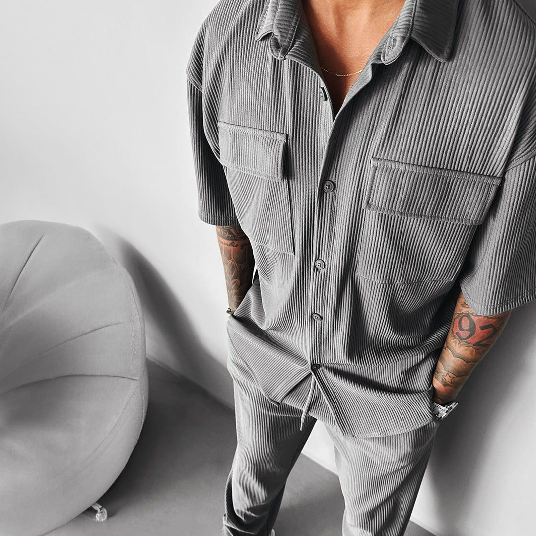 Double Pocket Half Sleeves Shirt & Trouser Set - Gray