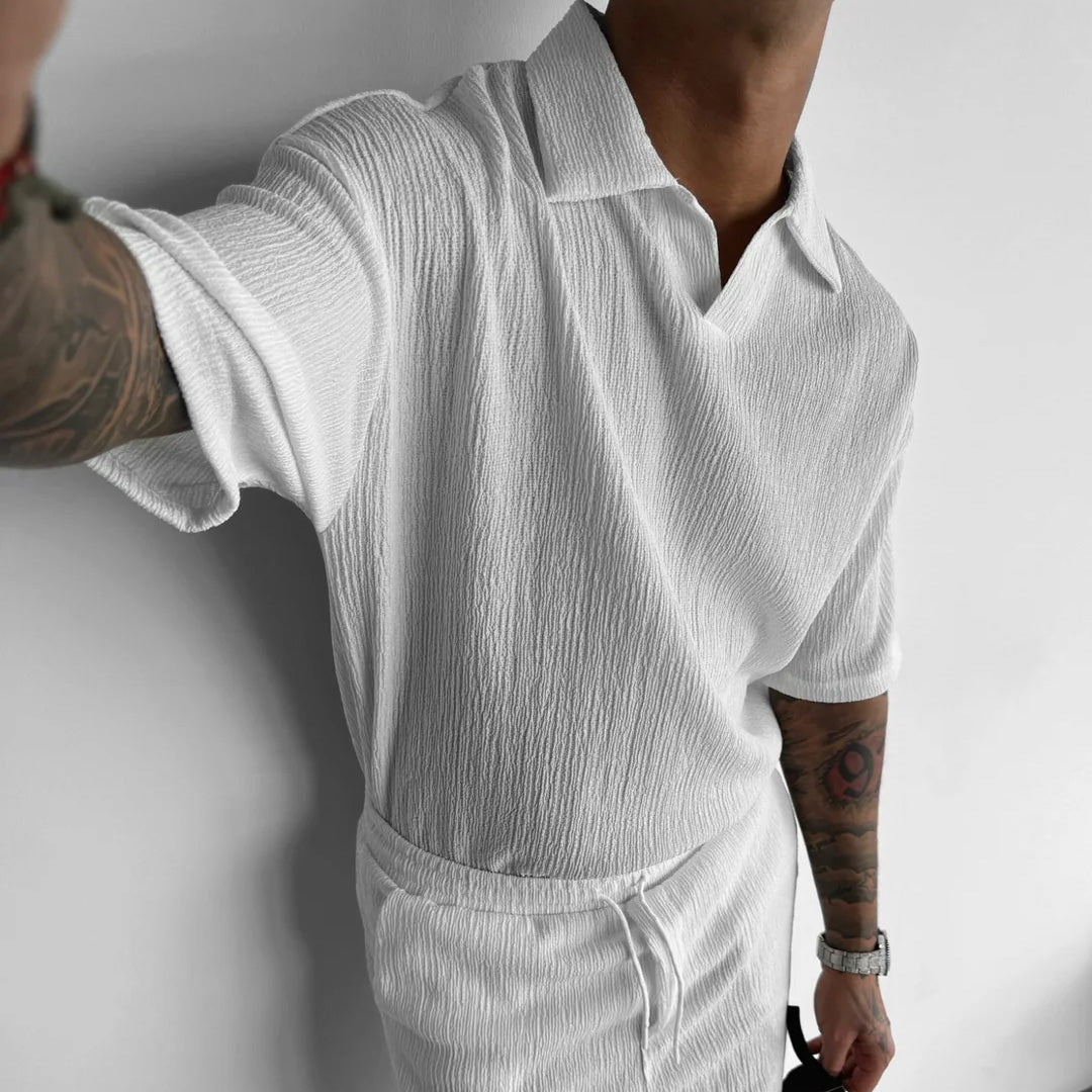 WHITE COTTON CRUSH RELAXED FIT POLO T-SHIRT