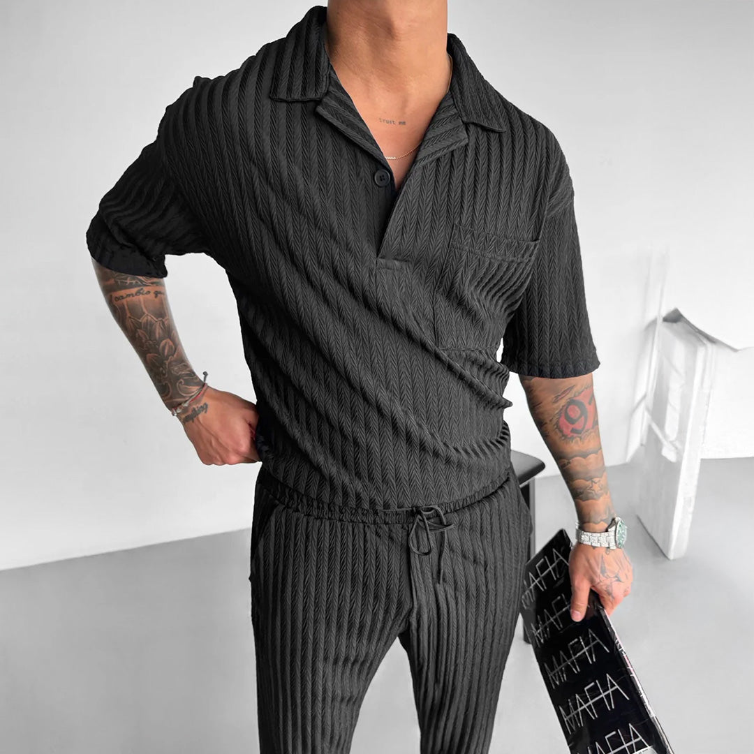 OVERSIZE STRUCTURED POLO SHIRT & TROUSER SET - BLACK