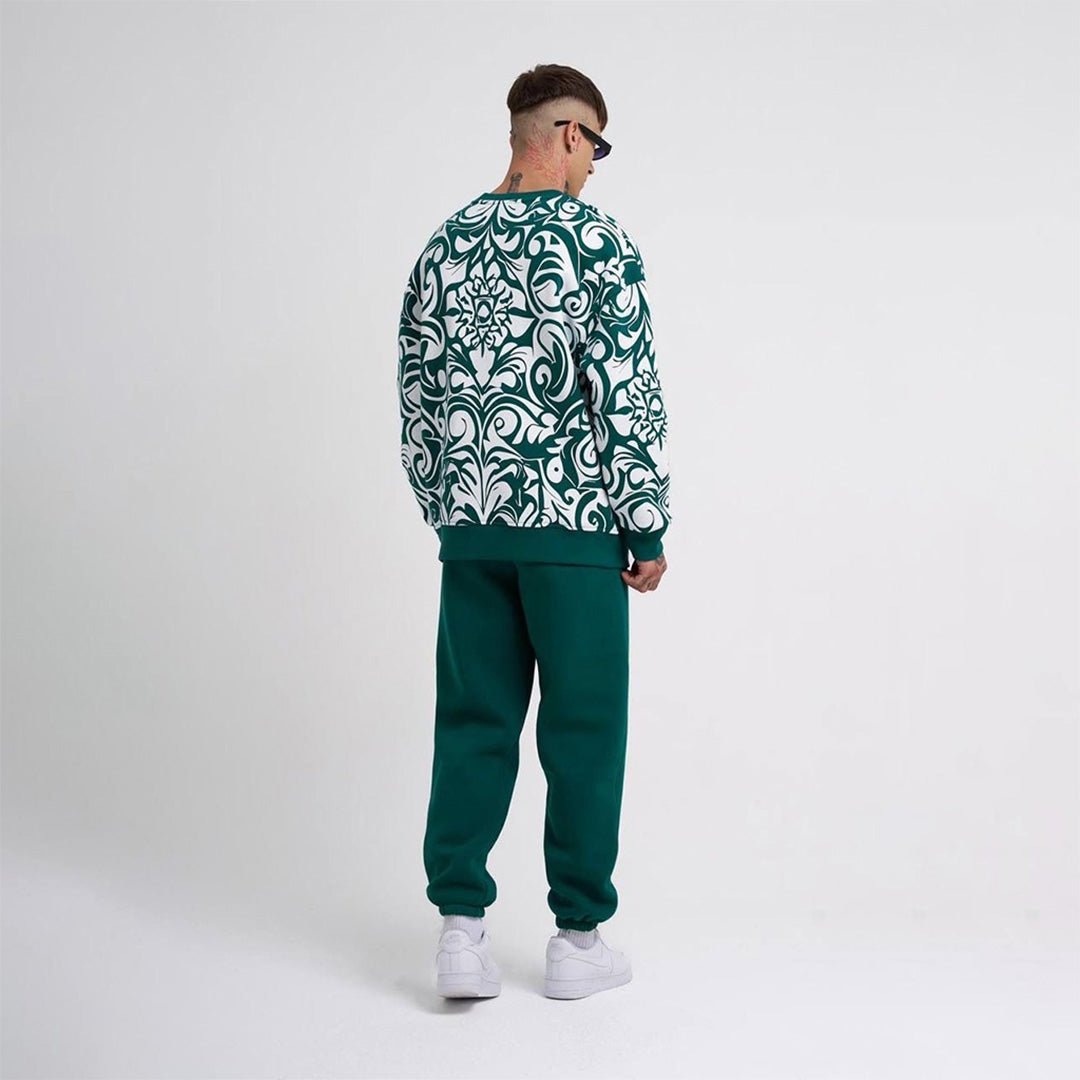 Oversize Ethnical Skull Sweatshirt Cord Set - Green