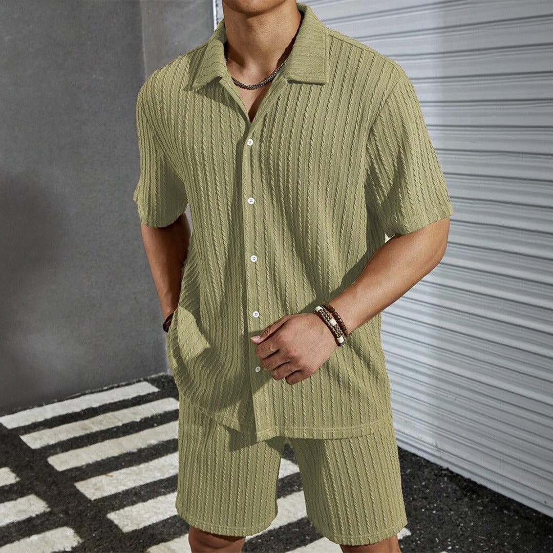 Oversize Pleated Open Collar Shirt & Short Set - Pistachio