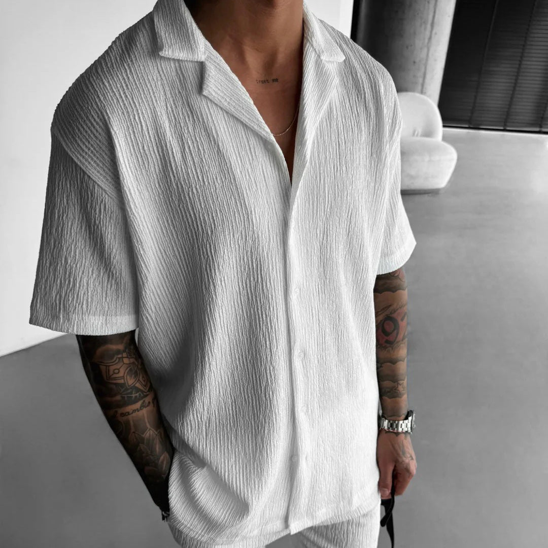 WHITE COTTON CRUSH RELAXED FIT SHORT SLEEVE SHIRT