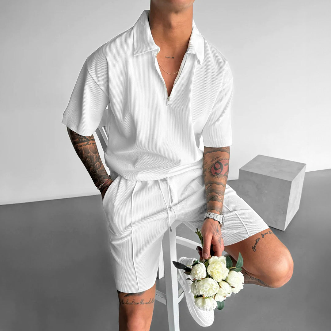 Men's Loose Fit Zipper Shirt & Short Set - White