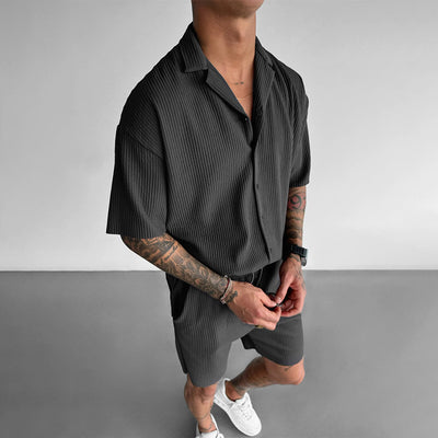 Oversize Pleated Open Collar Shirt & Short Set - Anthracite