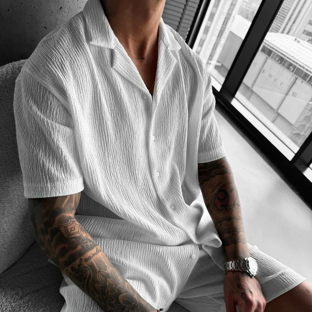 WHITE COTTON CRUSH RELAXED FIT SHORT SLEEVE SHIRT