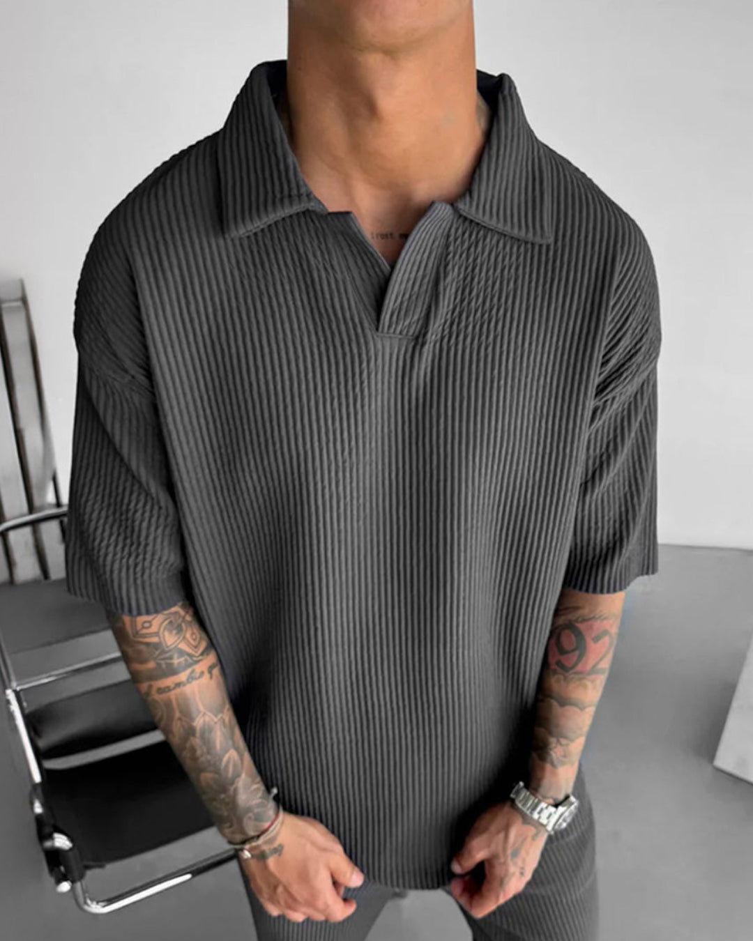 OVERSIZE RIBBED POLO T-SHIRT - ANTHRACITE GRAY