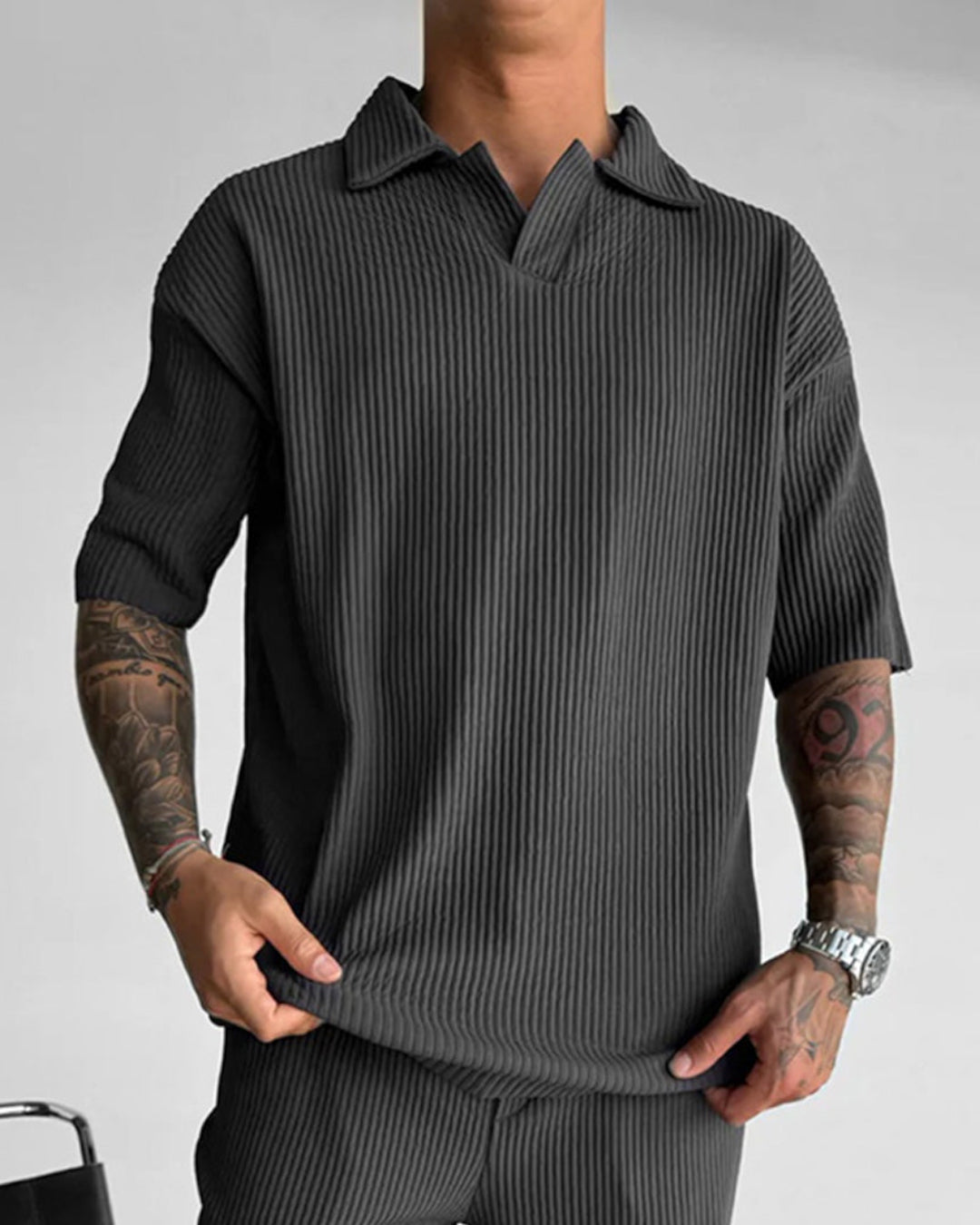 OVERSIZE RIBBED POLO T-SHIRT - ANTHRACITE GRAY