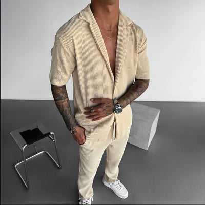 Oversize Pleated Open Collar Shirt & Pants Set - Beige - Zapped