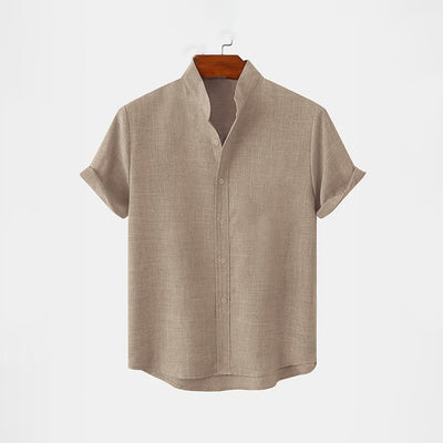 BAN COLLAR FULL LINEN SHIRT - BEIGE - Zapped