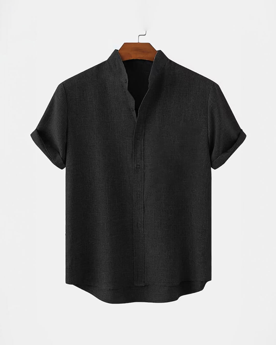 BAN COLLAR LINEN SHIRT - BLACK