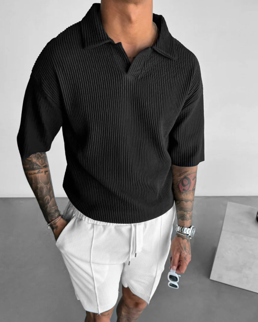 OVERSIZE RIBBED POLO T-SHIRT - BLACK