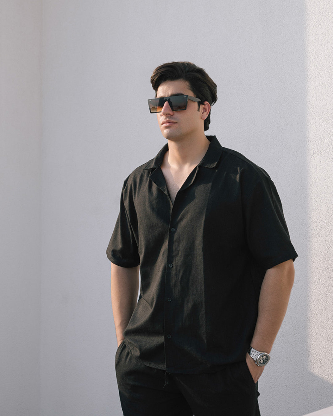 CLASSIC BOWLING LINEN SHIRT - BLACK