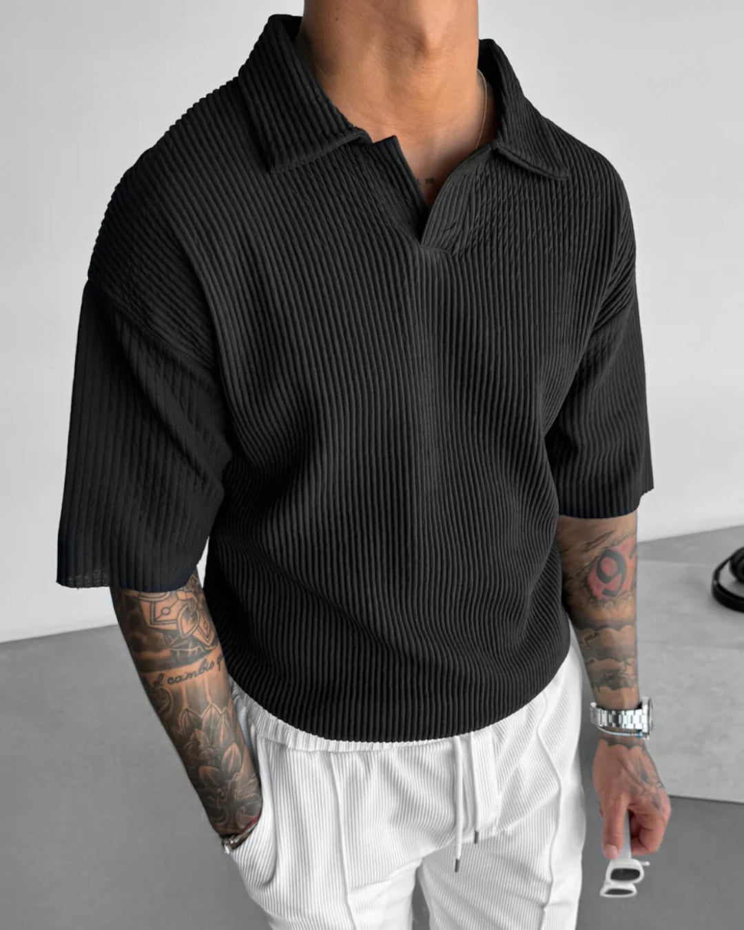 OVERSIZE RIBBED POLO T-SHIRT - BLACK