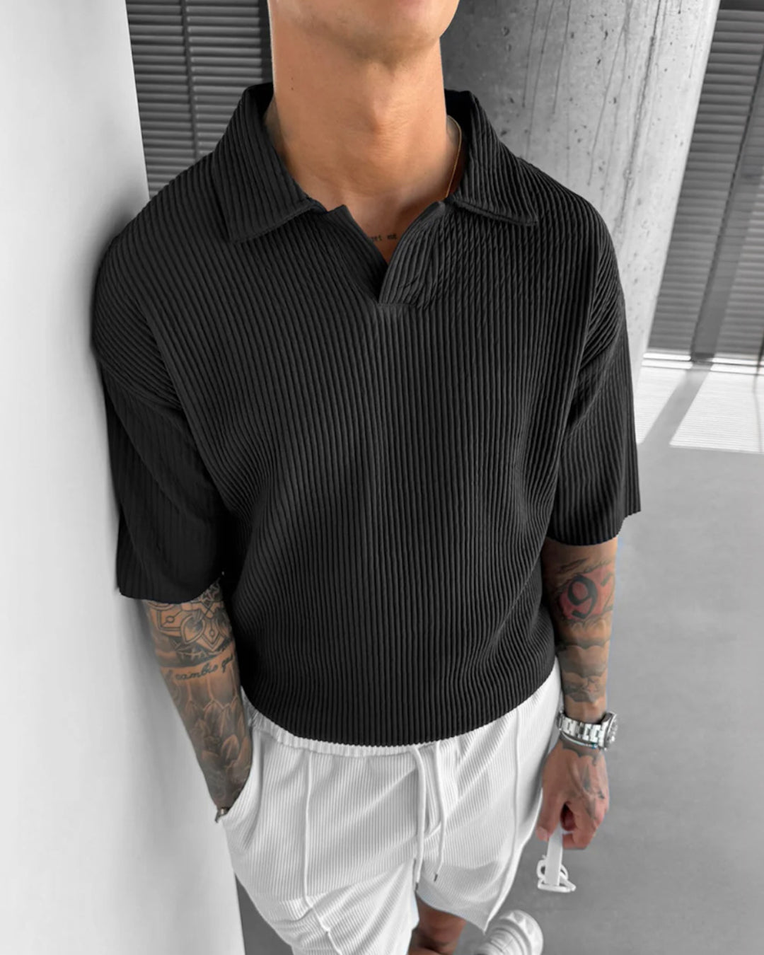 OVERSIZE RIBBED POLO T-SHIRT - BLACK