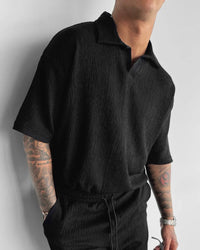 BLACK COTTON CRUSH RELAXED FIT POLO T-SHIRT