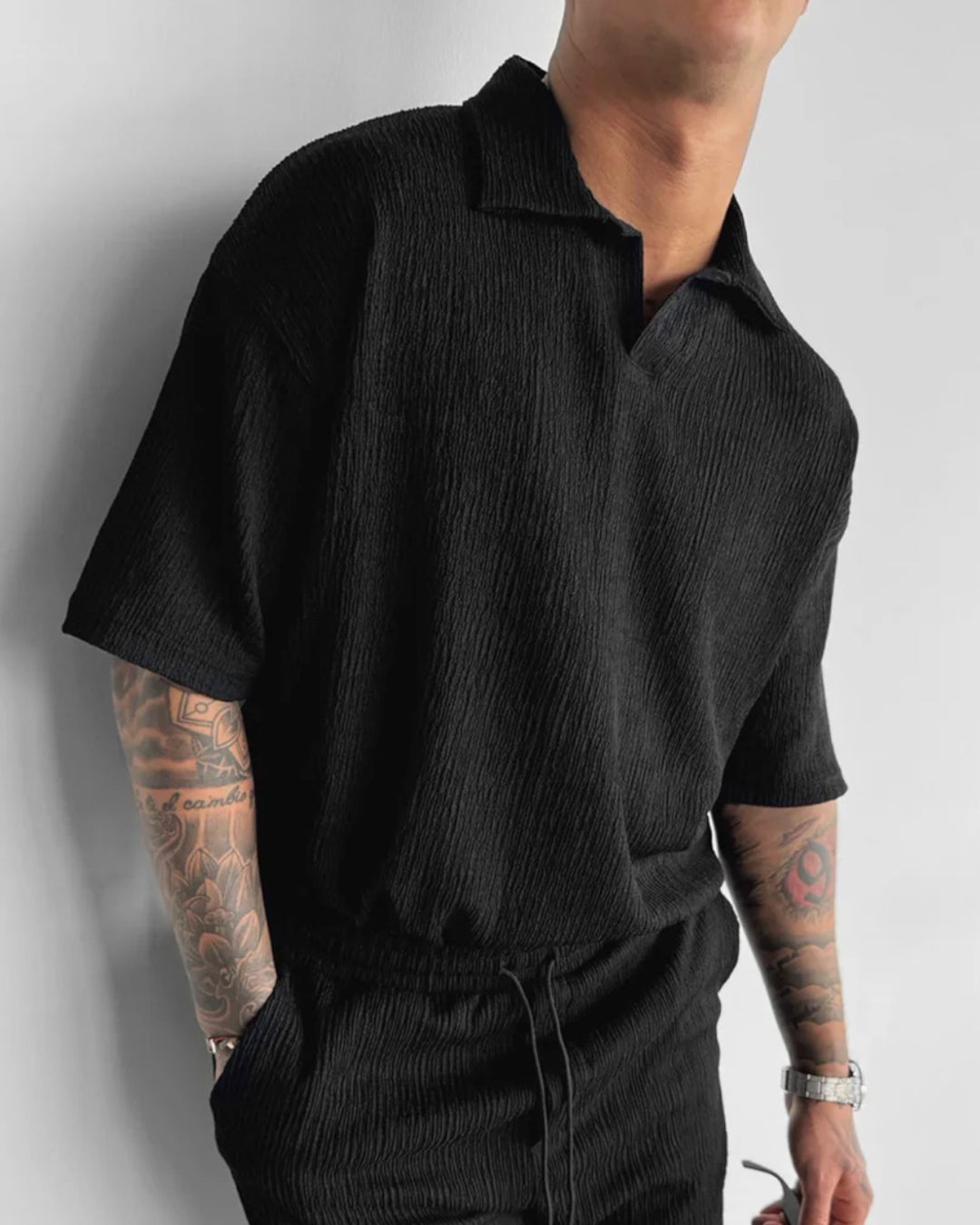 BLACK COTTON CRUSH RELAXED FIT POLO T-SHIRT