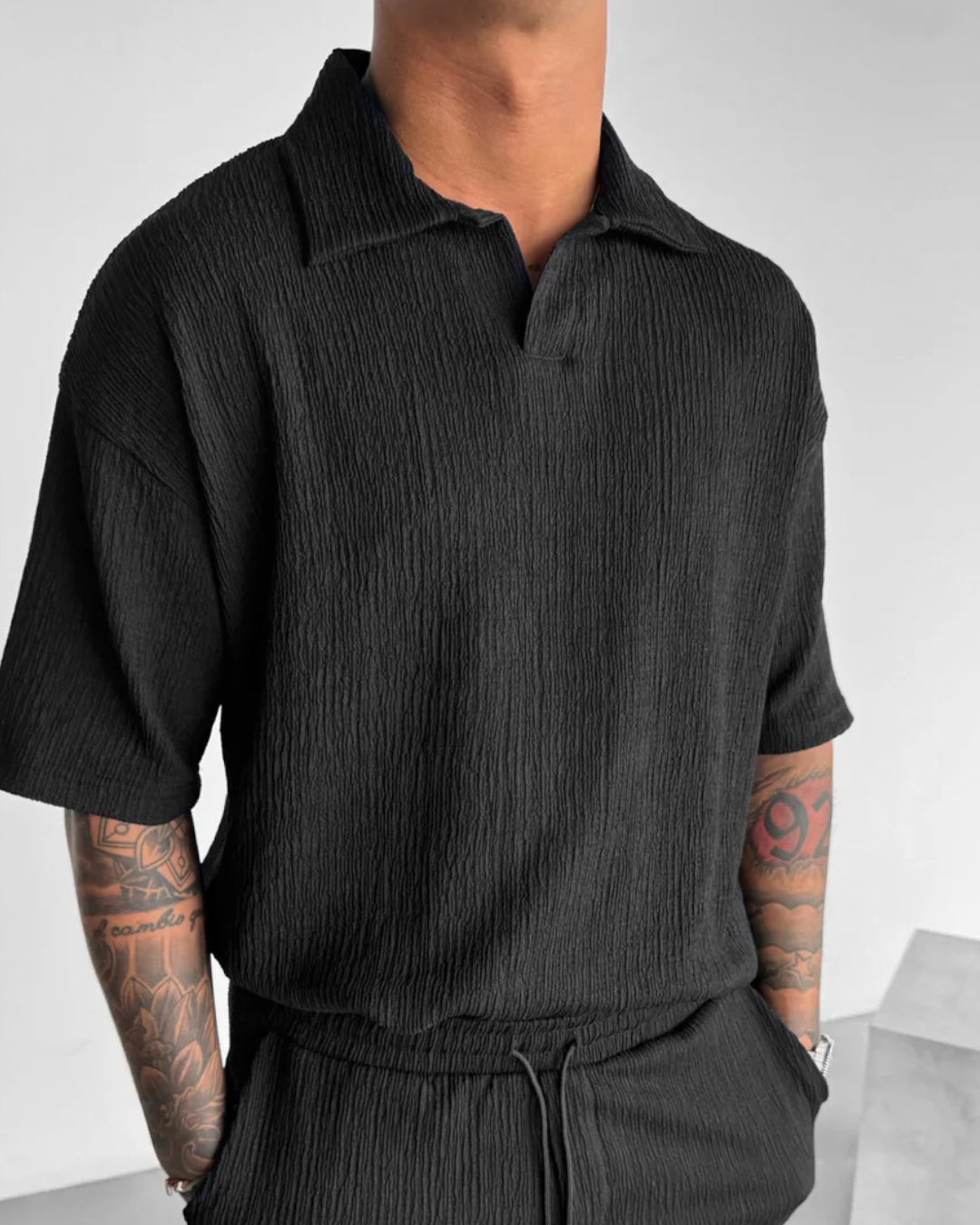BLACK COTTON CRUSH RELAXED FIT POLO T-SHIRT