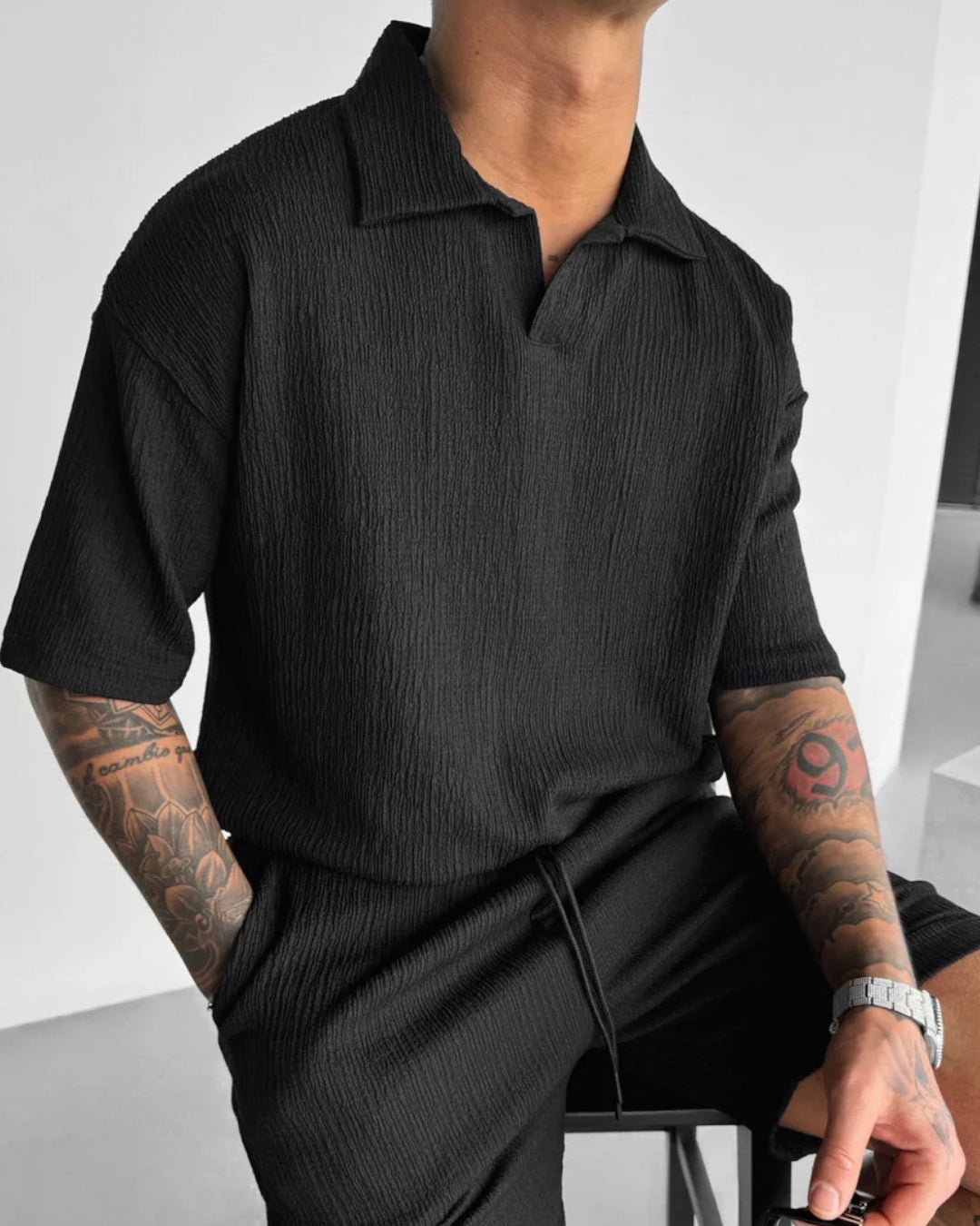BLACK COTTON CRUSH RELAXED FIT POLO T-SHIRT