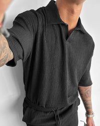 BLACK COTTON CRUSH RELAXED FIT POLO T-SHIRT