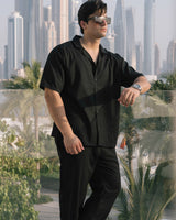 SIGNATURE LOOSE FIT RICH LINEN CORD SET - BLACK