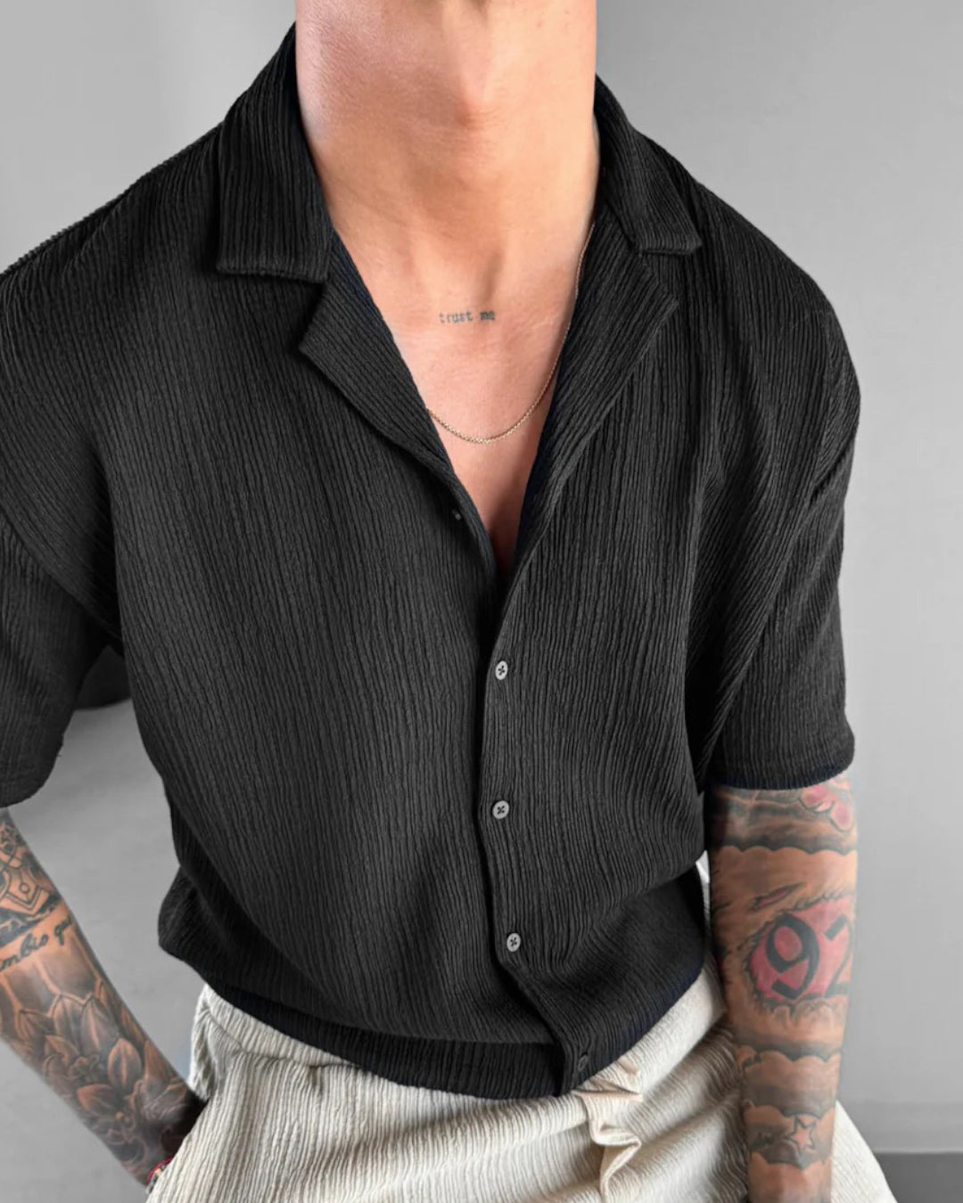 BLACK COTTON CRUSH RELAXED FIT SHORT SLEEVE SHIRT