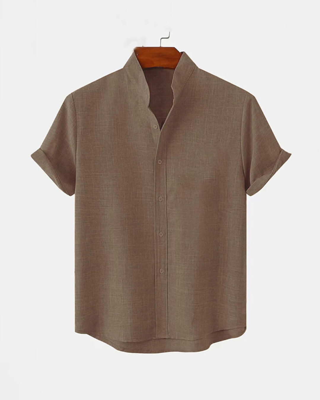 BAN COLLAR LINEN SHIRT - BROWN